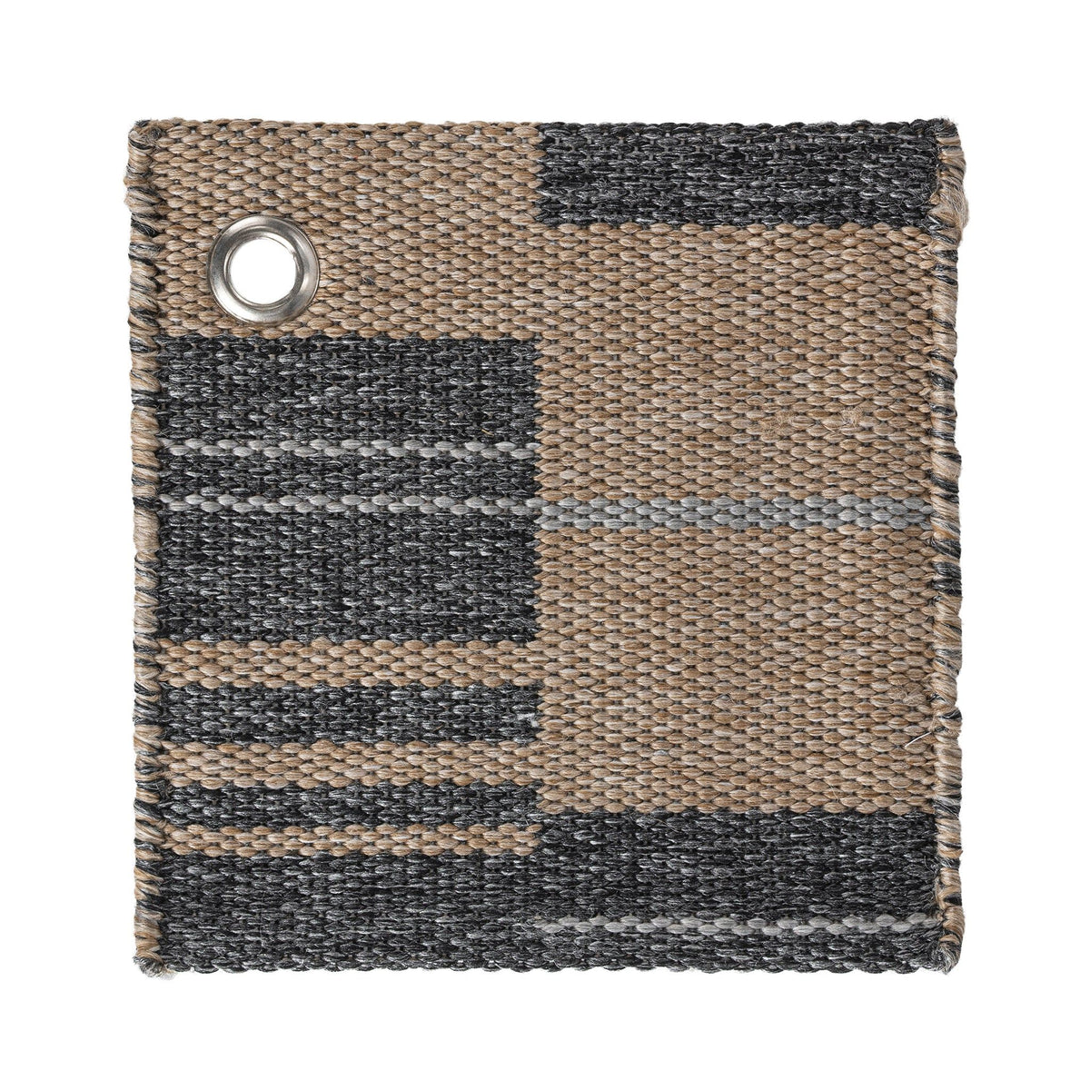 Indoor/outdoor woven rug with tan, gray, and black stripes and a round metal grommet