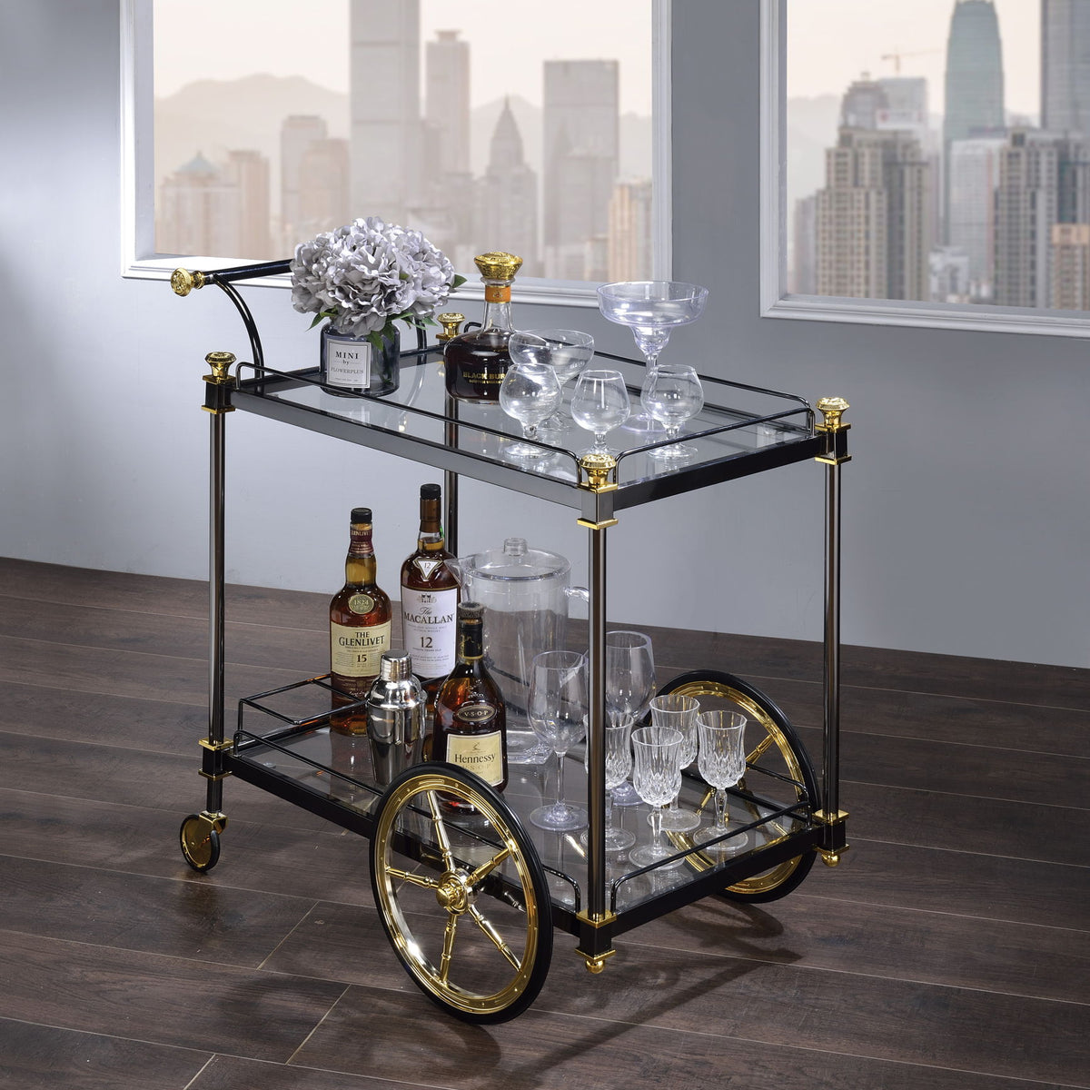 Cyrus - Clear Glass Serving Cart - Black / Gold