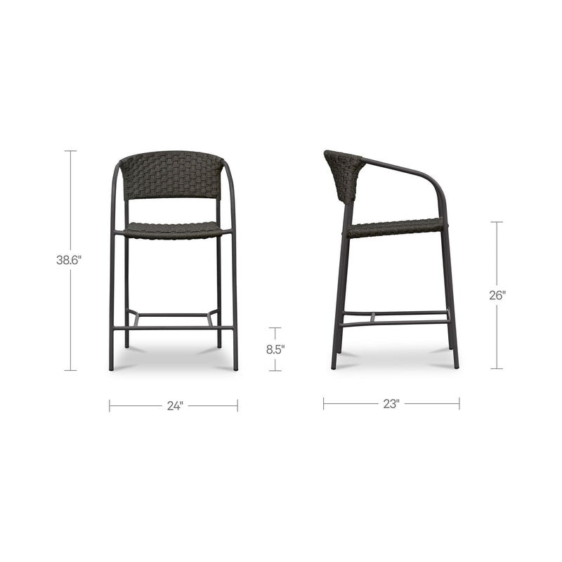 Outdoor counter chair with dark woven seat, shown front and side with dimensions