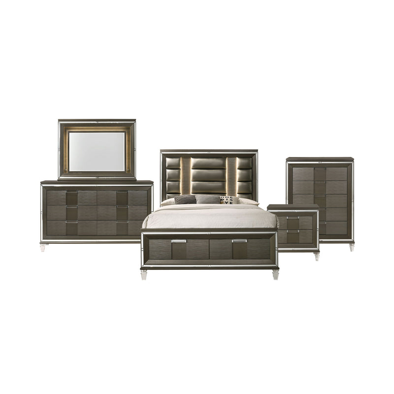 Dark gray storage bedroom set: bed, dresser with mirror, chest, and nightstands