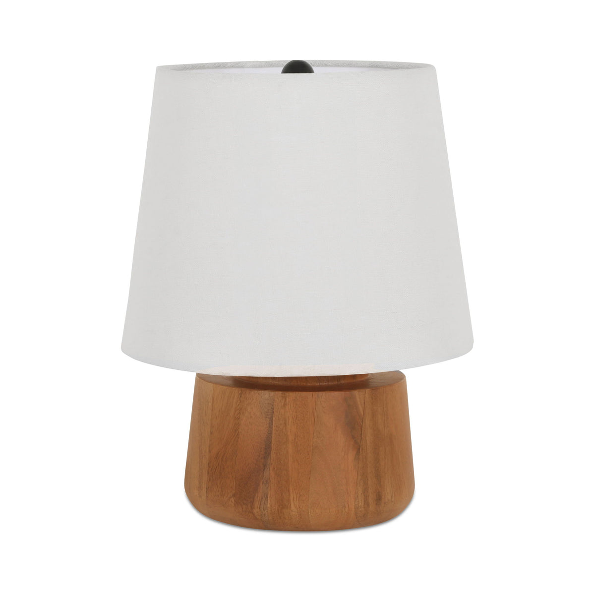 White fabric table lamp shade on a round brown wooden base