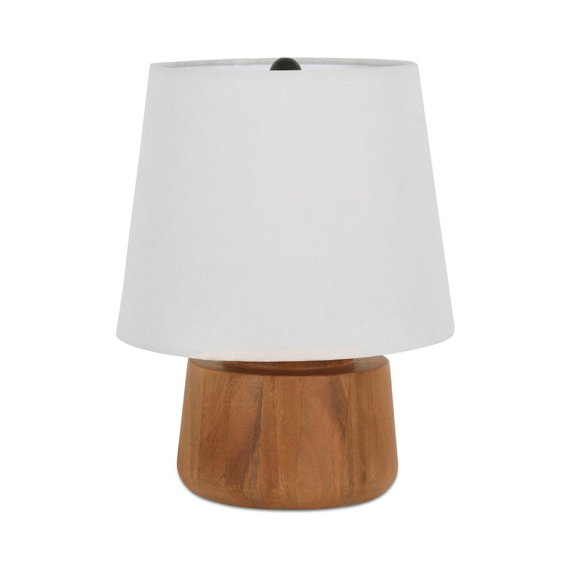 White fabric table lamp shade on a round brown wooden base