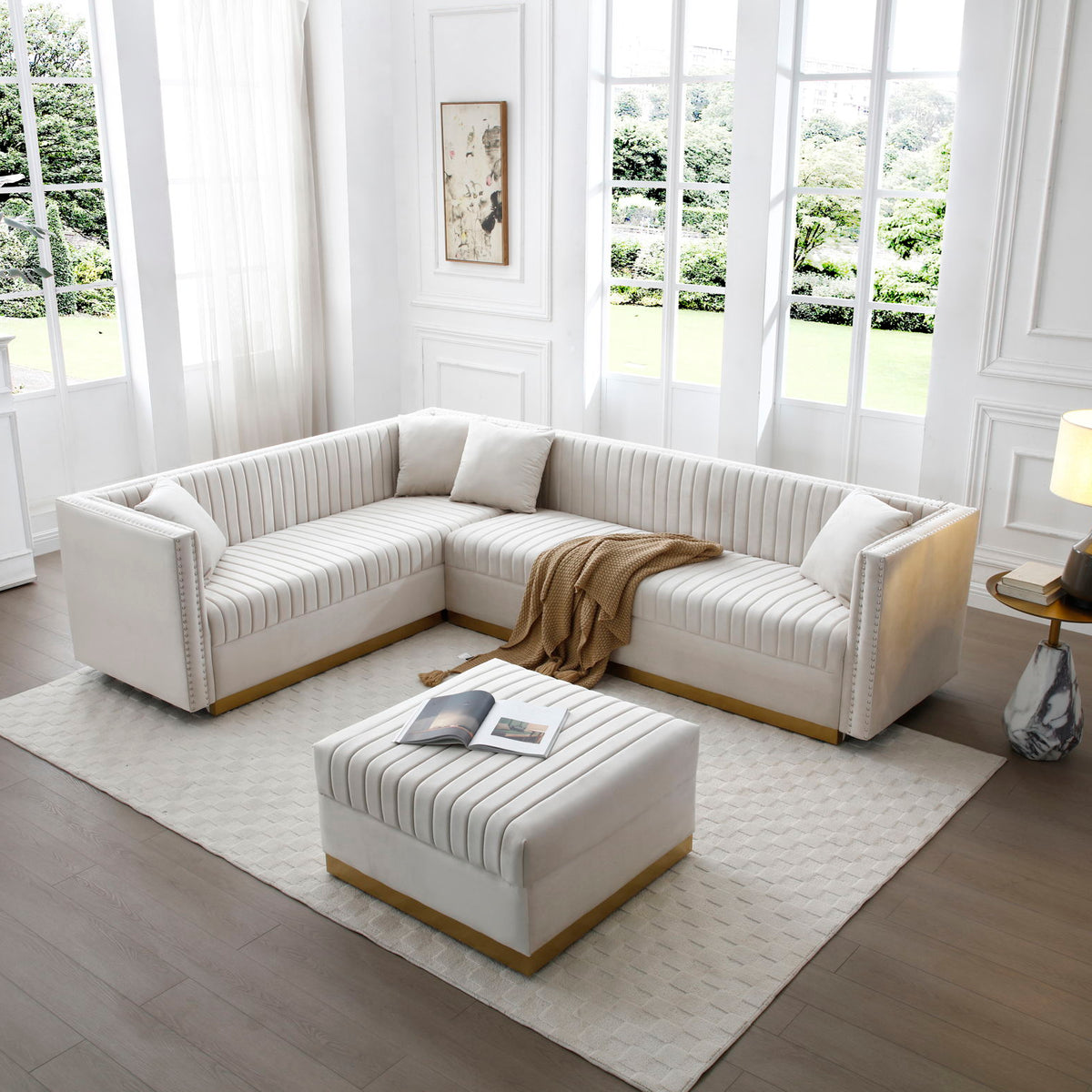 Contemporary Vertical Channel Tufted Velvet Sectional Sofa For Living Room Apartment With Ottoman And 4 Pillows