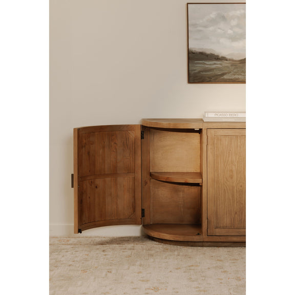 Natural wood sideboard with open left cabinet and built-in shelves