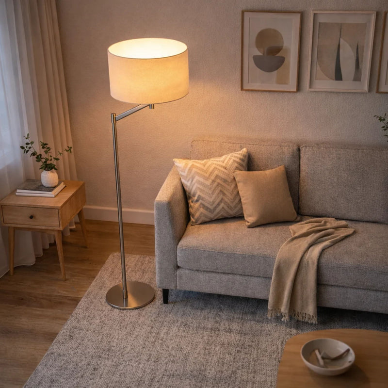 Tall floor lamp with white drum linen shade and brushed nickel rotary switch base