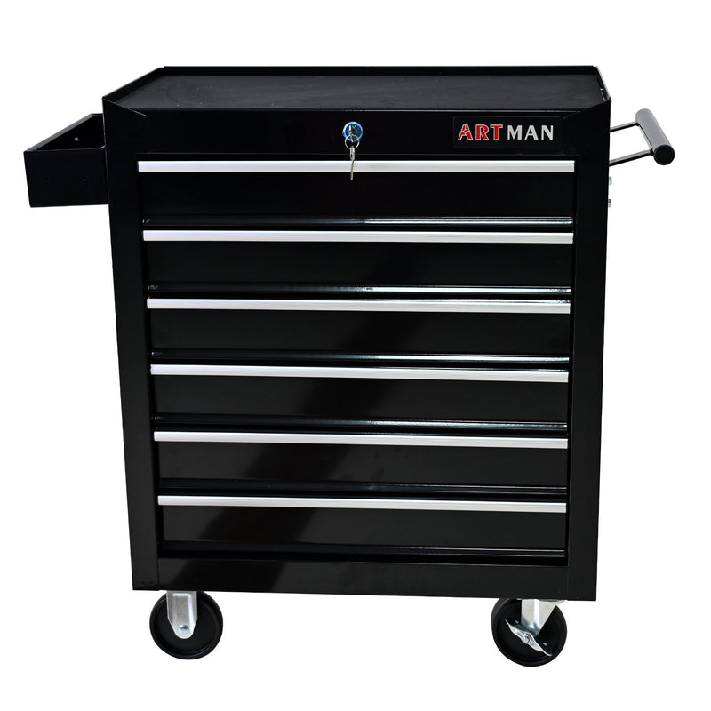 Black tool cart with drawer fronts, long pull handle, and four caster wheels