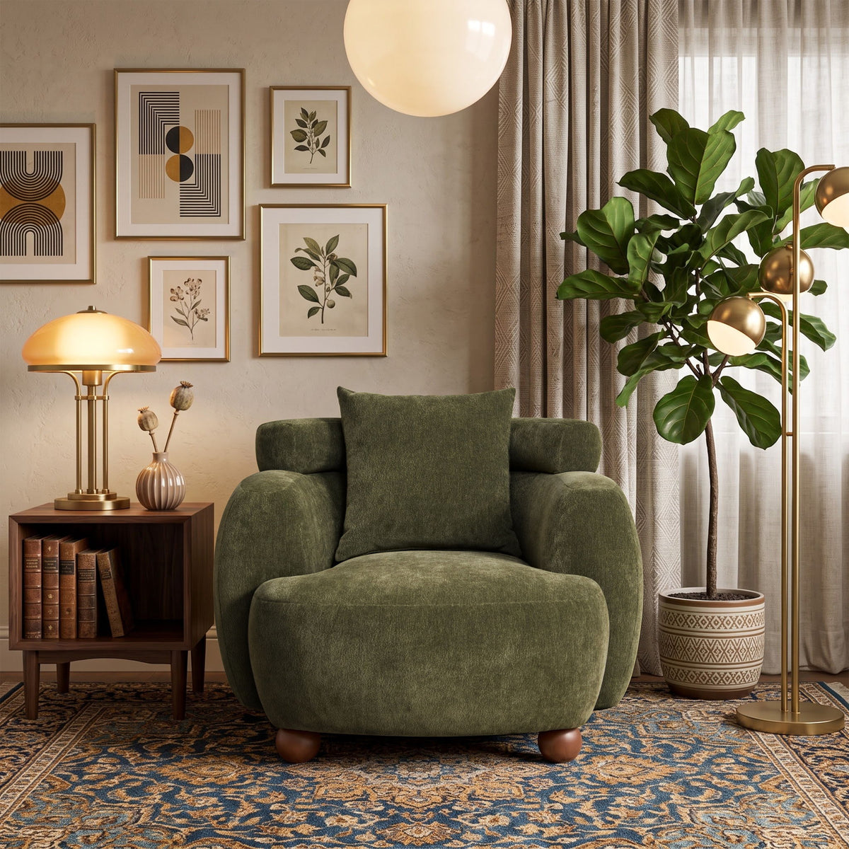 Olive green accent chair with back pillow, rounded arms, and wooden legs