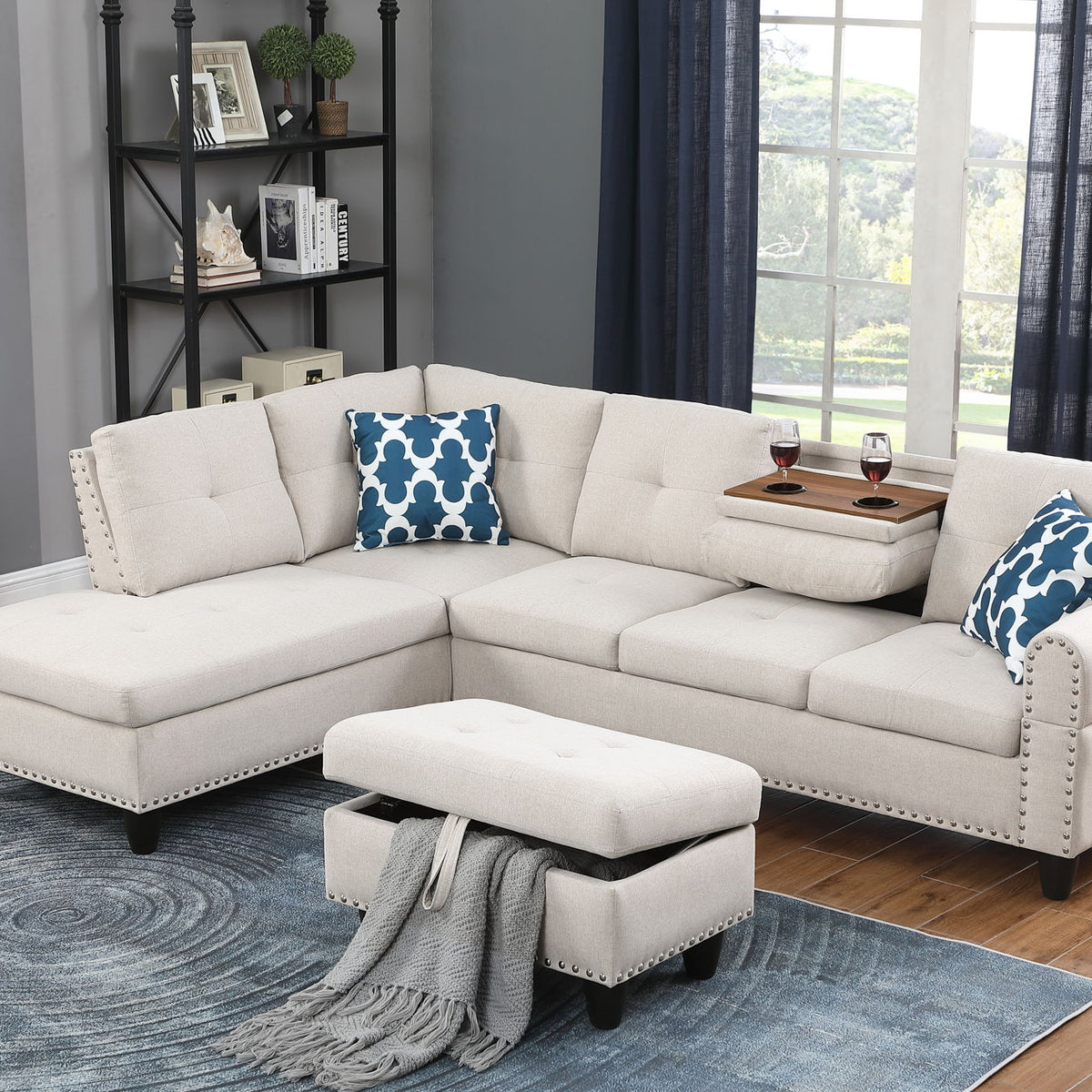 Alger - Wide Left Hand Facing Sofa & Chaise With Ottoman - Beige
