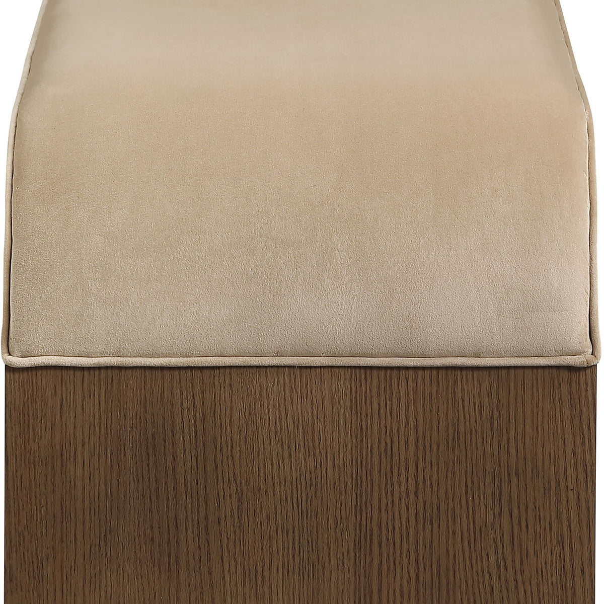 Beige velvet bench cushion on dark wood base with stitched edges