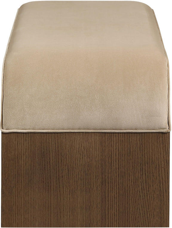 Beige velvet bench cushion on dark wood base with stitched edges