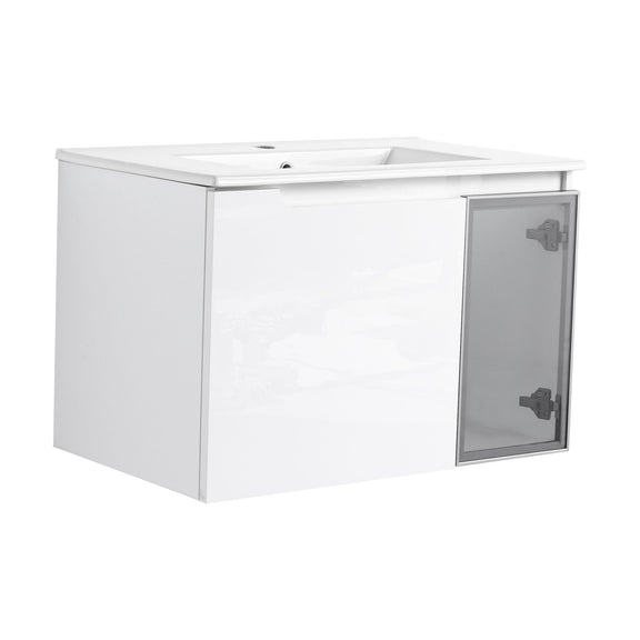 White wall-mounted bathroom vanity with integrated sink and right glass-front cabinet door