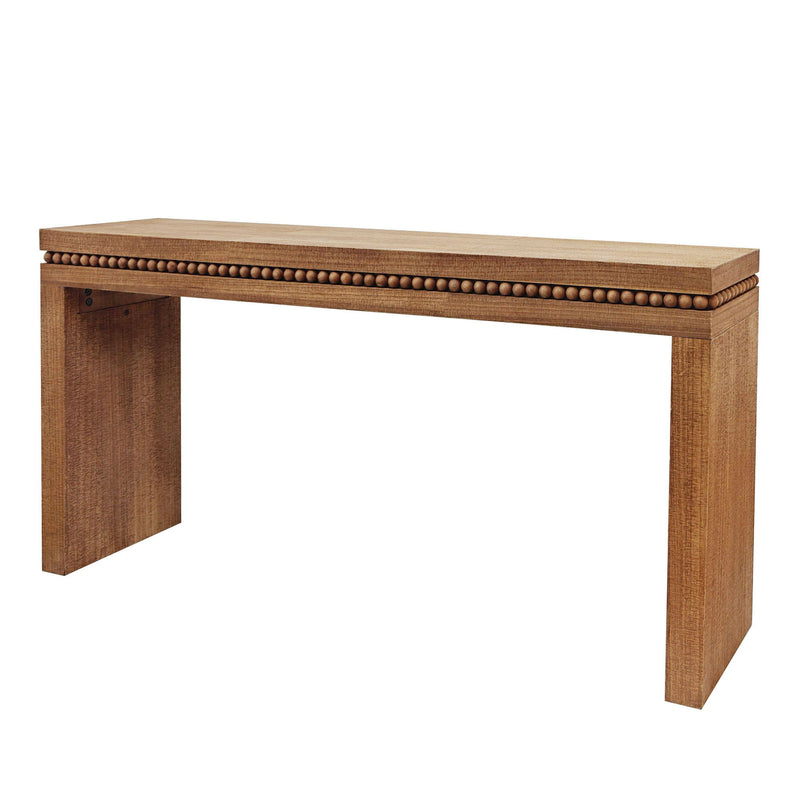 Rectangular light brown wood console table with beaded top trim and inset legs