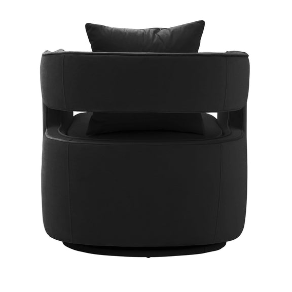 Black swivel accent chair with rounded arms and cushioned backrest