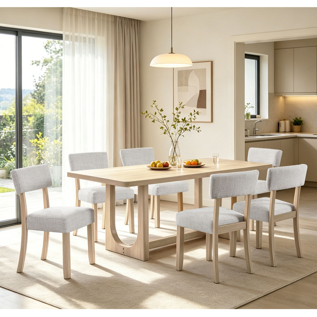 Rectangular dining table set with six light gray upholstered chairs around a light oak table