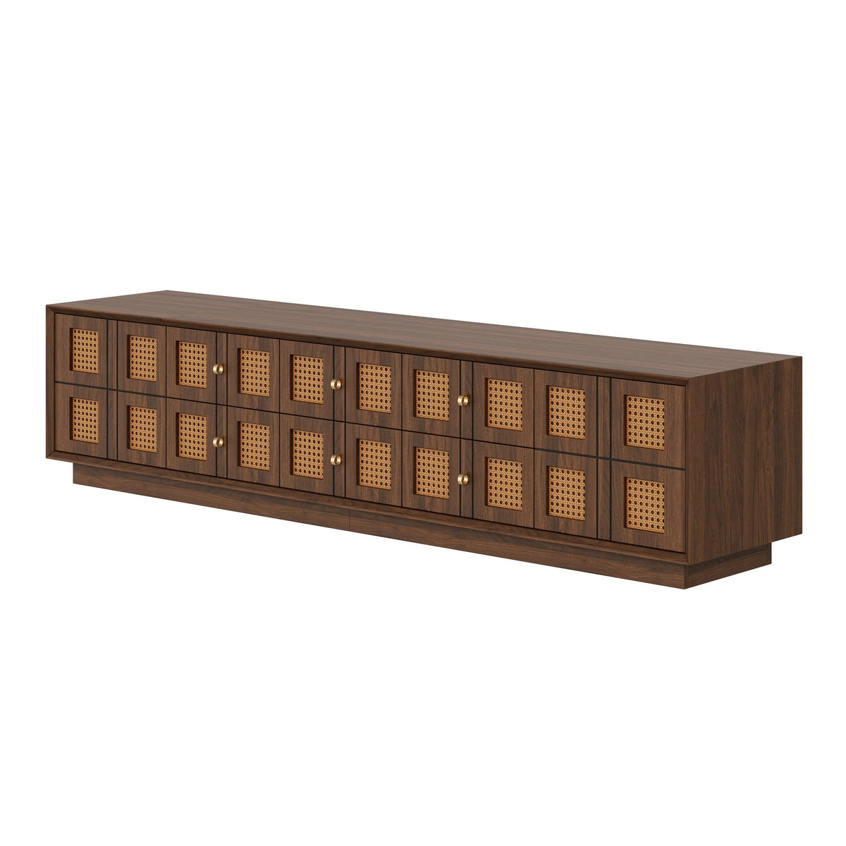 Walnut media console TV stand with 6 drawers and 2 cabinets, perforated door panels