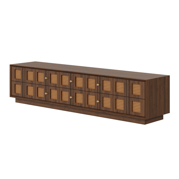 Walnut media console TV stand with 6 drawers and 2 cabinets, perforated door panels