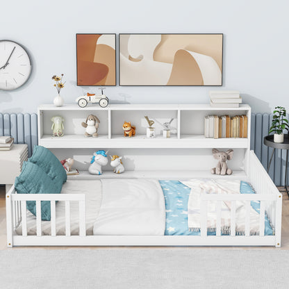 Full Floor Bed with Side Bookcase, Shelves, Guardrails, White