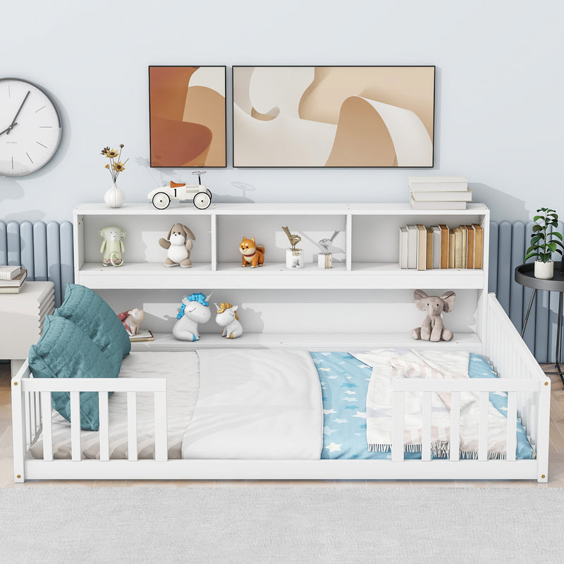 Full Floor Bed with Side Bookcase, Shelves, Guardrails, White