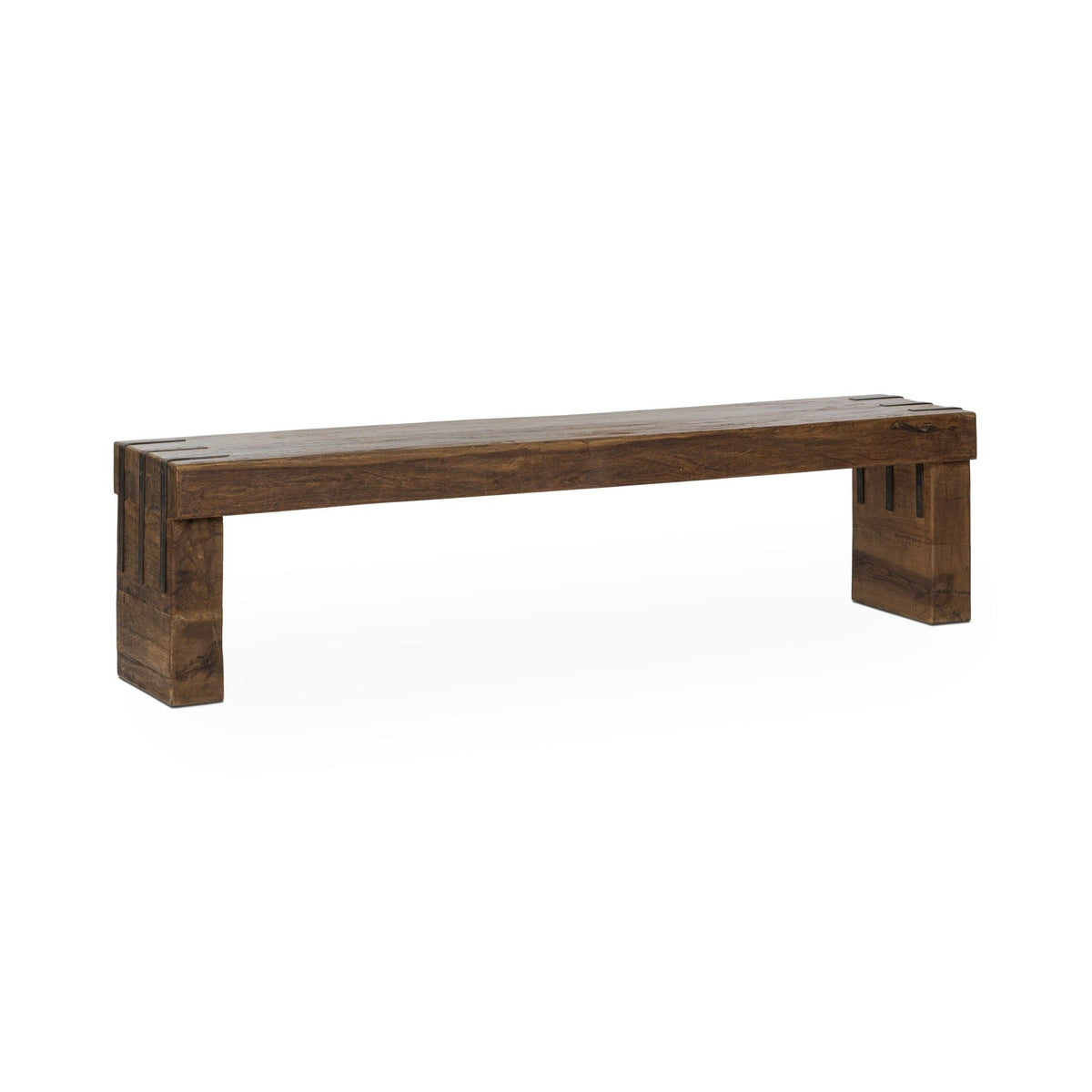 Natural wood bench with open underside frame and squared block legs