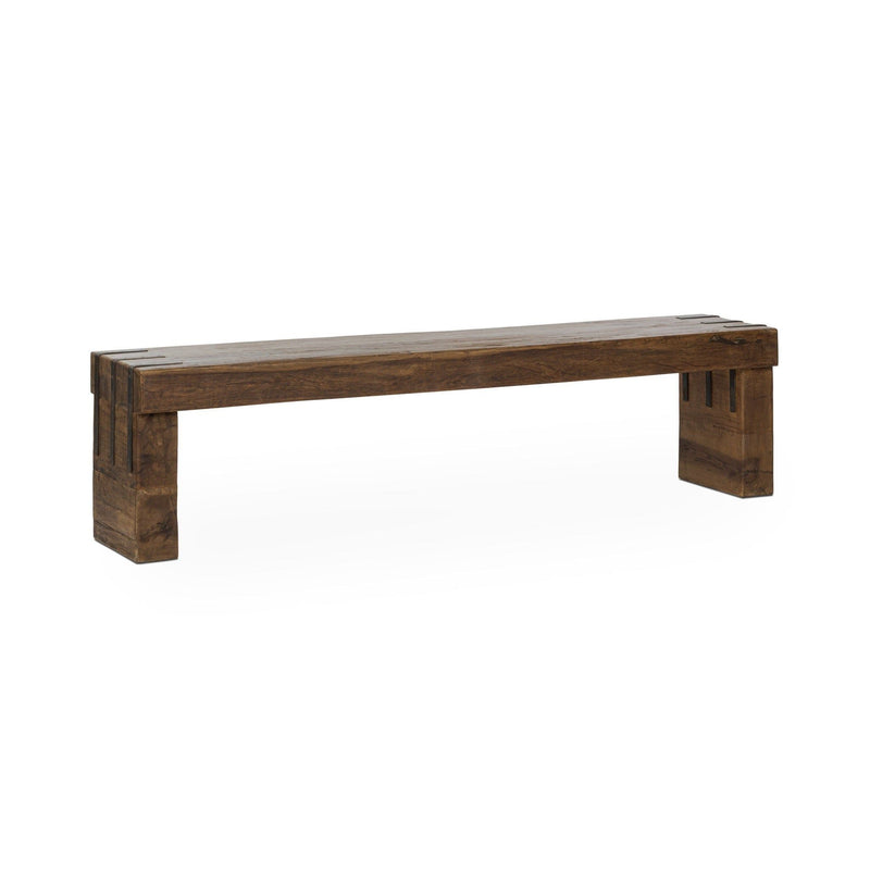 Natural wood bench with open underside frame and squared block legs