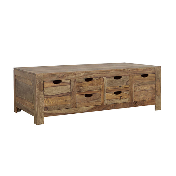 Natural wood coffee table with six drawers and black cup-style pulls
