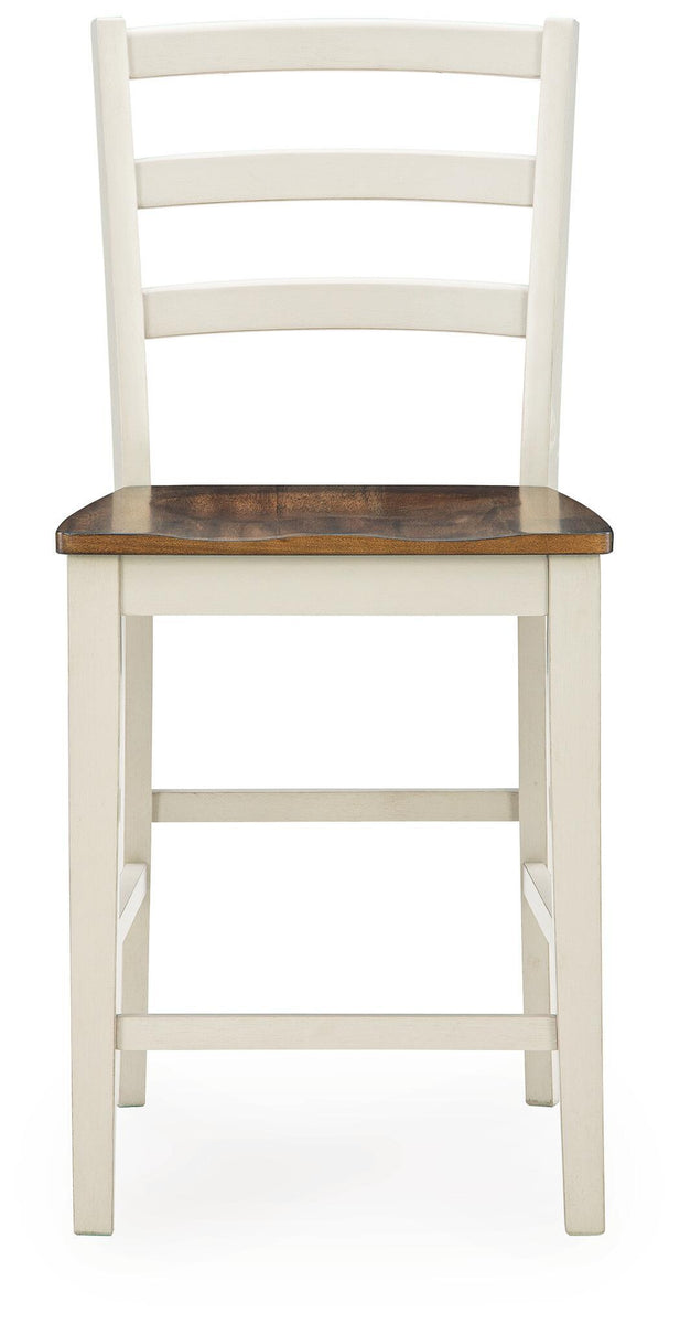 Antique white barstool with brown wood square seat and ladder back