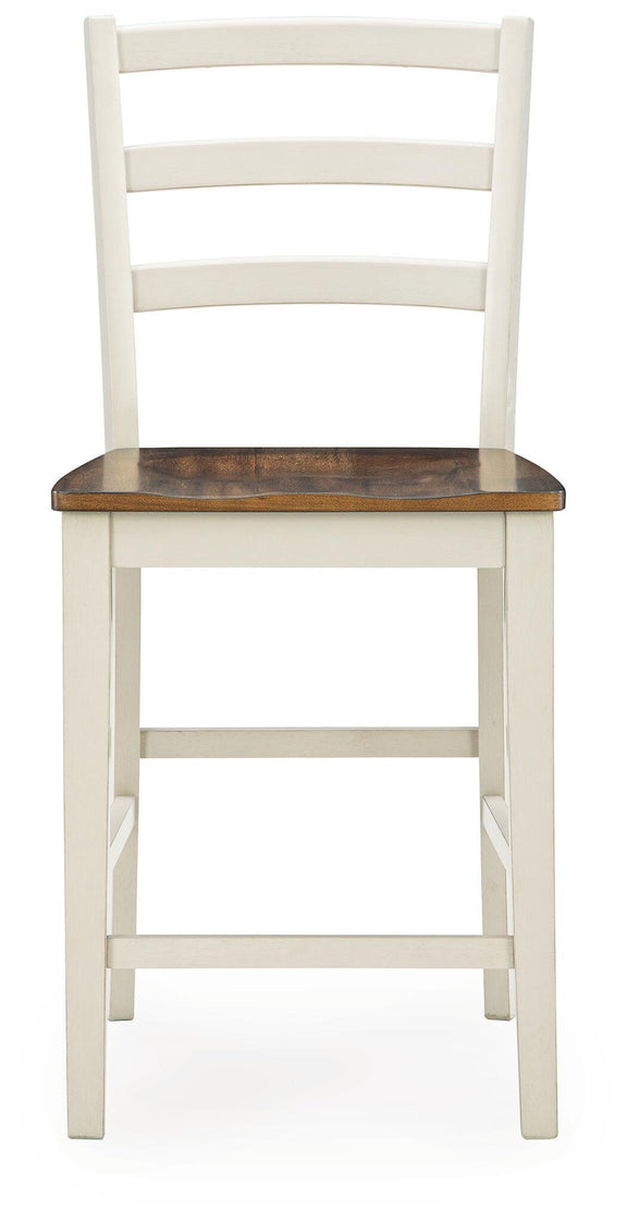 Antique white barstool with brown wood square seat and ladder back