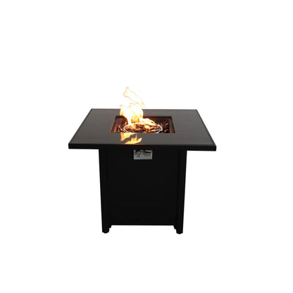 Powder-coated black fire pit with lid, open bowl with visible flames