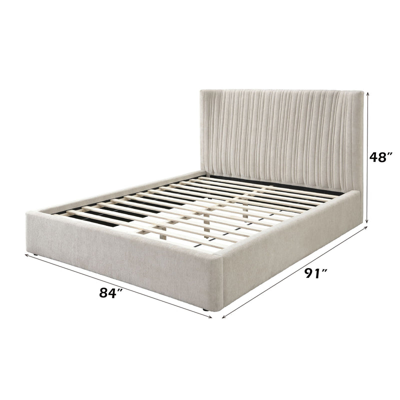 Beige upholstered bed frame with ribbed headboard, 84 in W and 91 in L