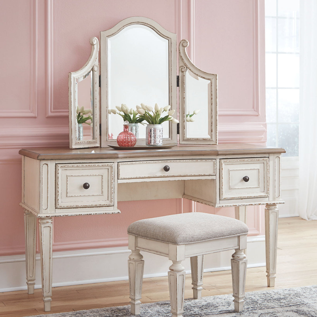 Realyn - Vanity/Mirror/Stool (Set of 3) - White / Brown / Beige