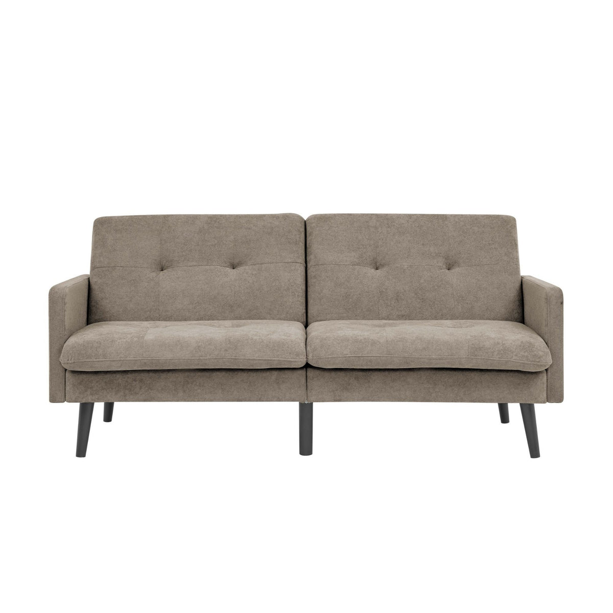 Front view of light brown futon sofa with two tufted back panels and dark legs