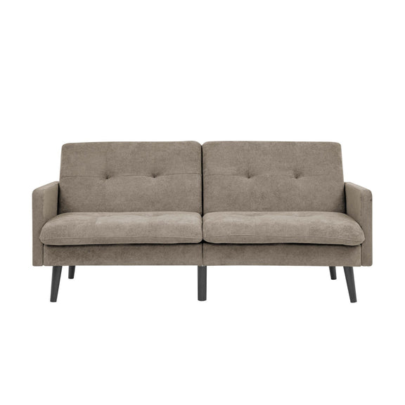 Front view of light brown futon sofa with two tufted back panels and dark legs