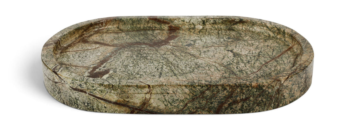 Genuine marble tray, round with green and gray veining