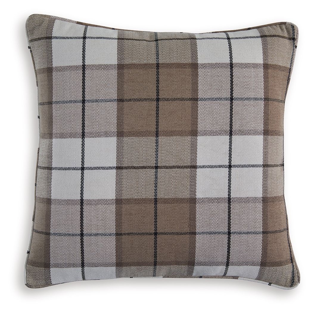Plaid square throw pillow with brown, black, and cream grid pattern