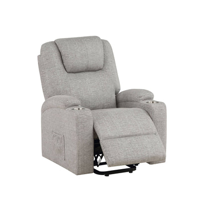 Gray fabric power lift massage recliner chair with padded headrest and footrest