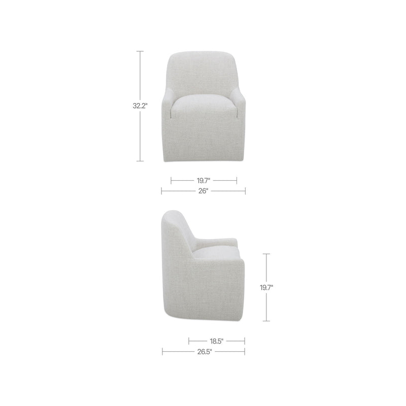 Rolling dining chair with flecked oat fabric, rounded arms, shown with size measurements