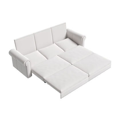 White fabric convertible sleeper sofa with rolled arms, tufted back, and pull-out bed panels