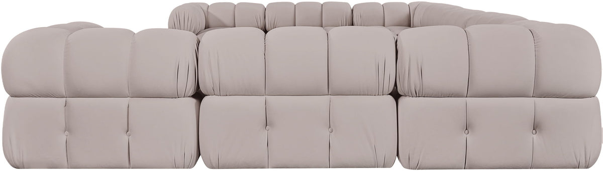 Beige velvet sectional with tufted cushions and modular chaise corner seating