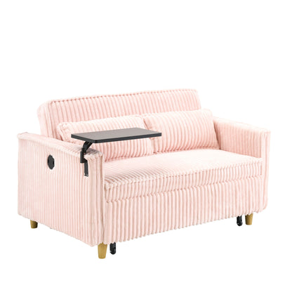 Corduroy pull-out sofa with movable tabletop, pink fabric, fold-out daybed section