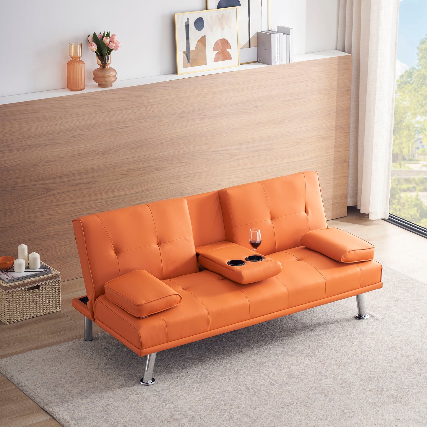 Leather Multifunctional Double Folding Sofa Bed For Office With Coffee Table