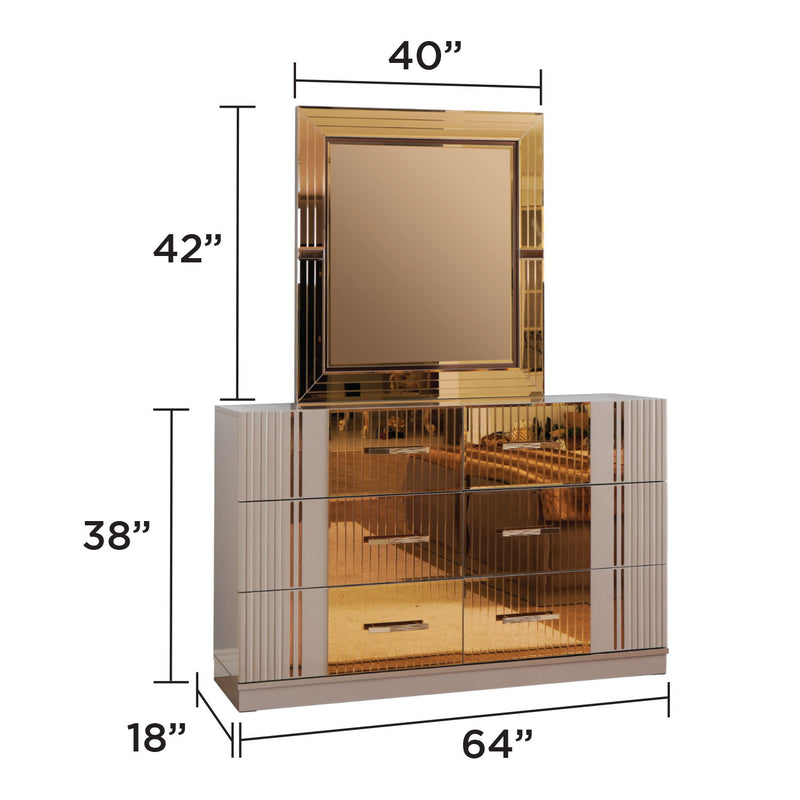 Dark gray dresser with mirrored door and gold accents, plus vanity mirror