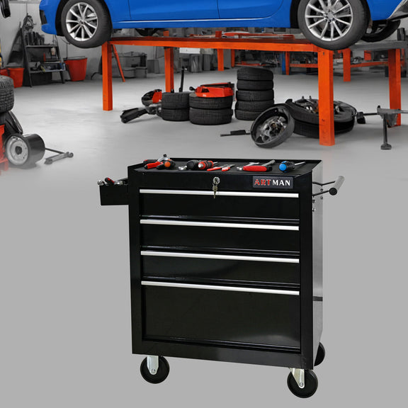 Black tool cart with open drawer top, four casters, and side pull handle