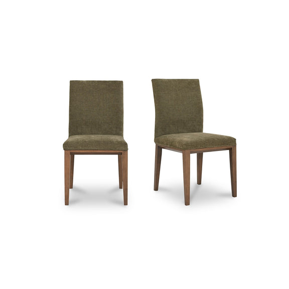 Set of 2 olive upholstered dining chairs with wooden legs and straight, tall backs