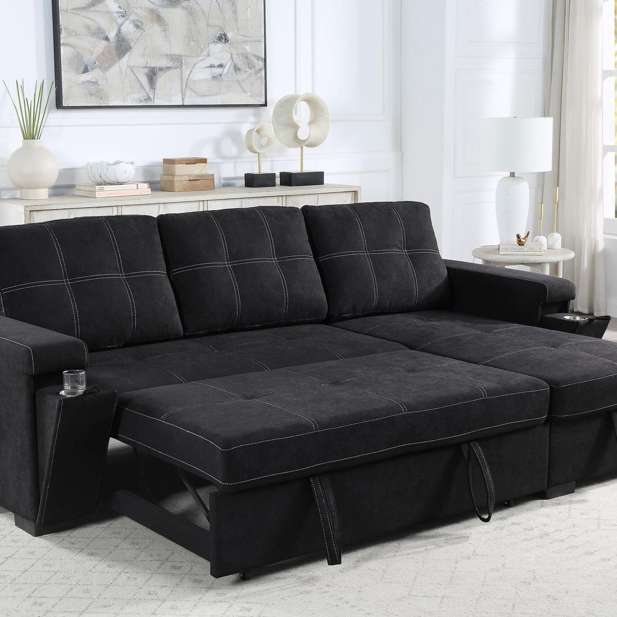 Toby - Woven Fabric Reversible Sleeper Sectional Sofa With Storage Chaise Cup Holder Charging Ports And Pockets