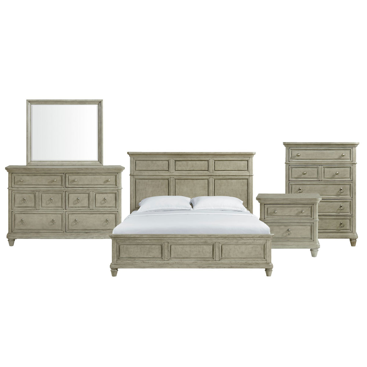 Whit-Ash panel bedroom set: light gray bed with dresser, nightstands, and wall mirror