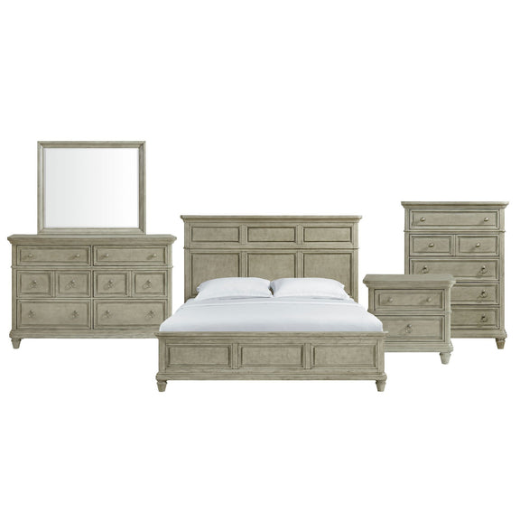 Whit-Ash panel bedroom set: light gray bed with dresser, nightstands, and wall mirror