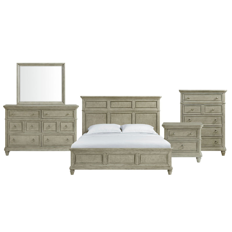 Whit-Ash panel bedroom set: light gray bed with dresser, nightstands, and wall mirror