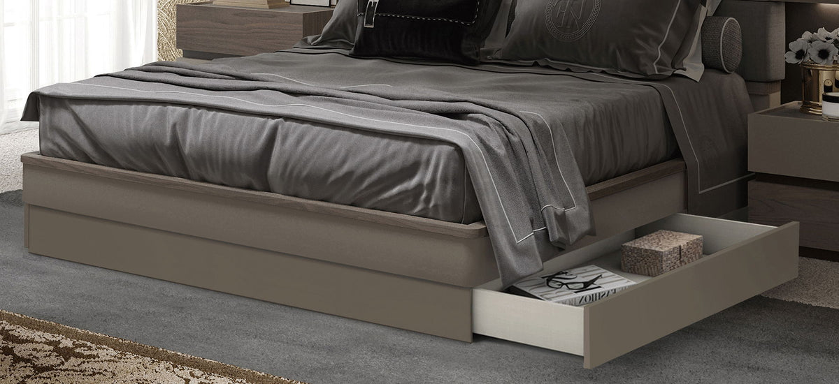 Gray upholstered storage bed with pull-out drawer storage base