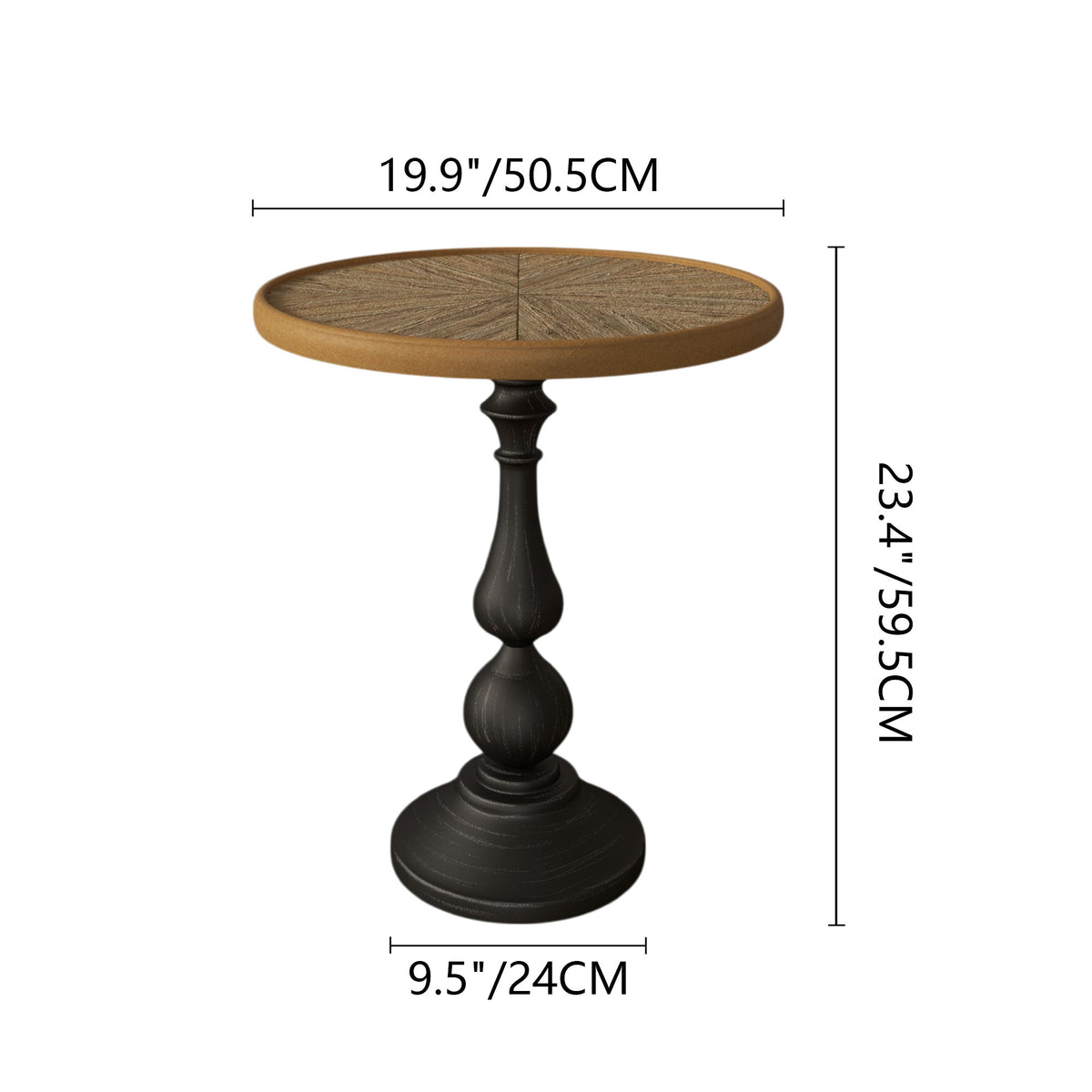 Round end table: 19.9in diameter, 23.4in high; natural top, dark pedestal base