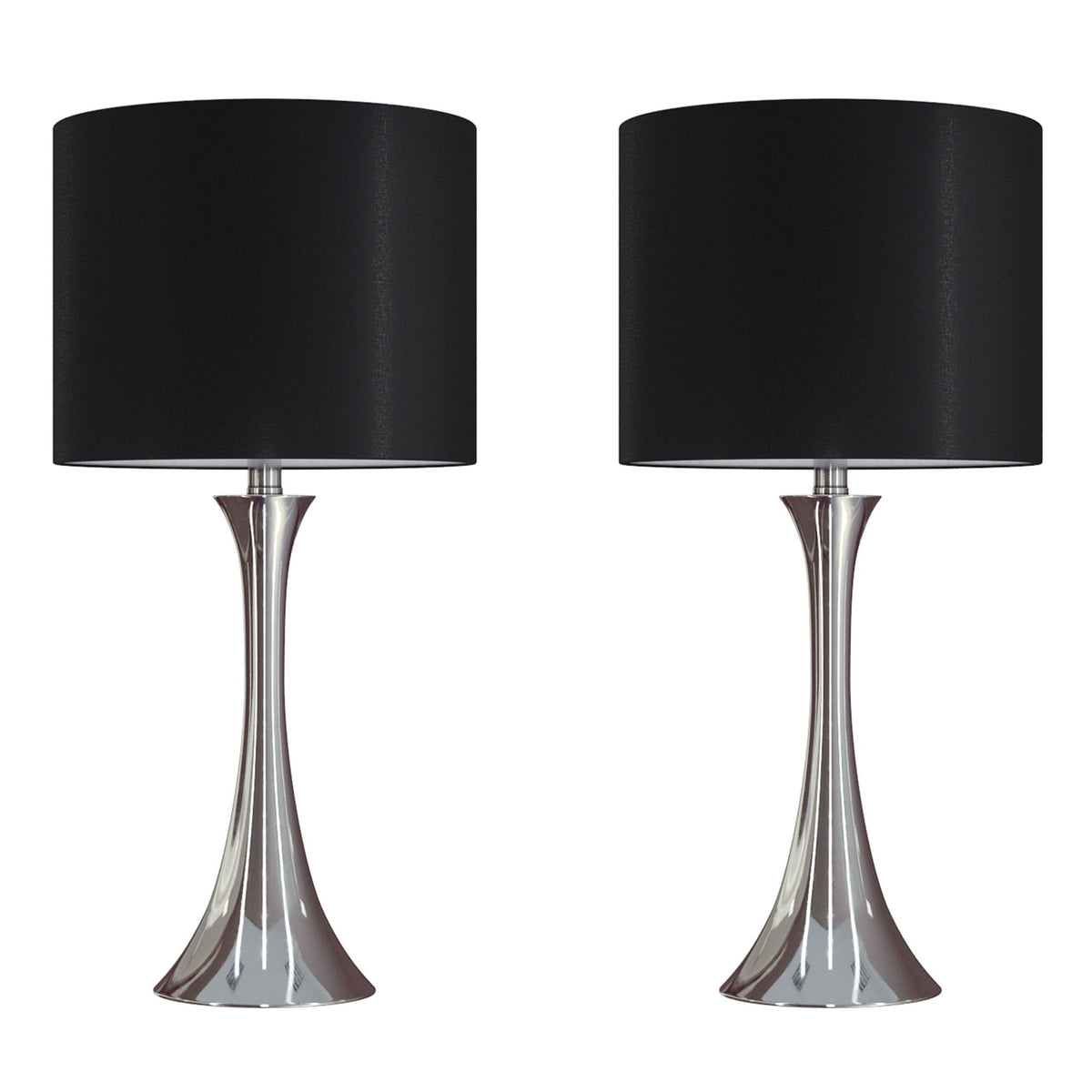 Pair of modern table lamps with black fabric drum shades and chrome bases